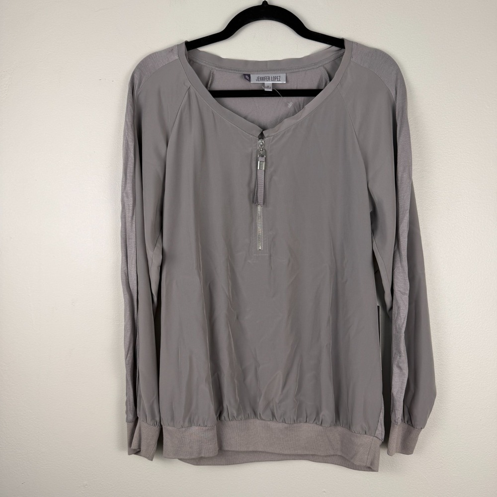 Jennifer‎ Lopez Blouse Women's Medium Gray Raglan Sleeve 1/4 Zip Casual Pullover